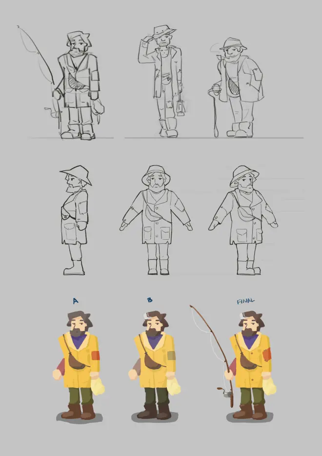 Concept art of the fisherman from different angles